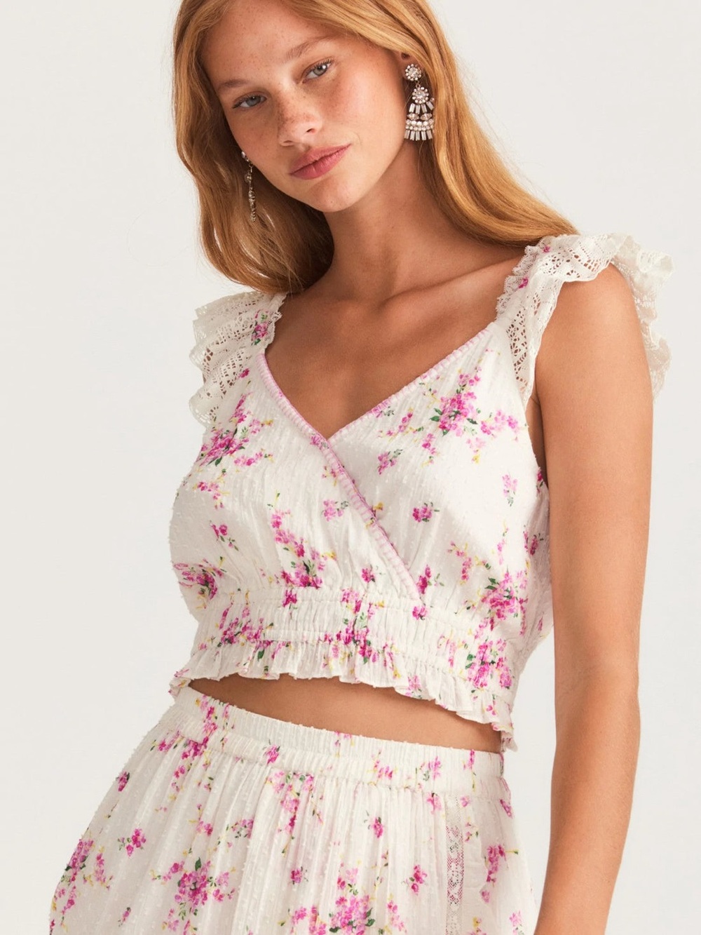 LoveShackFancy Drea Floral Lace Flutter Sleeve Crop Top Size S